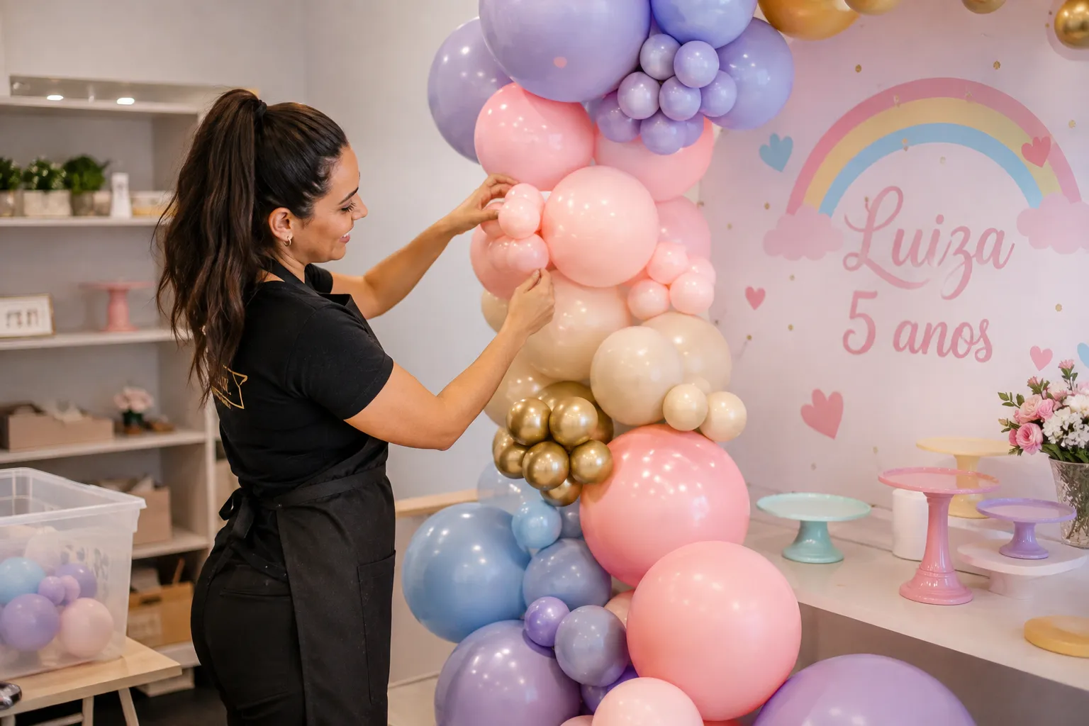 Decoradora montando um arco de balões desconstruído para a festa da Luiza